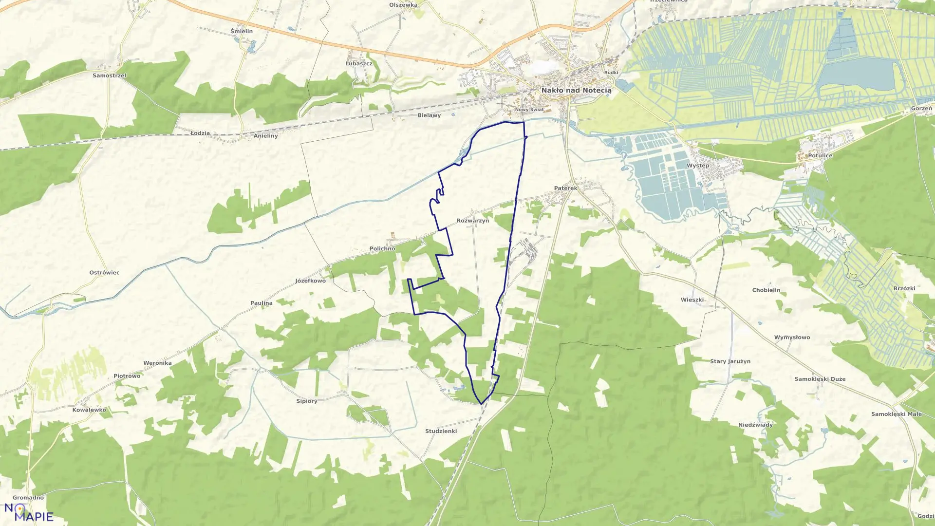 Mapa obrębu Rozwarzyn w gminie Nakło nad Notecią